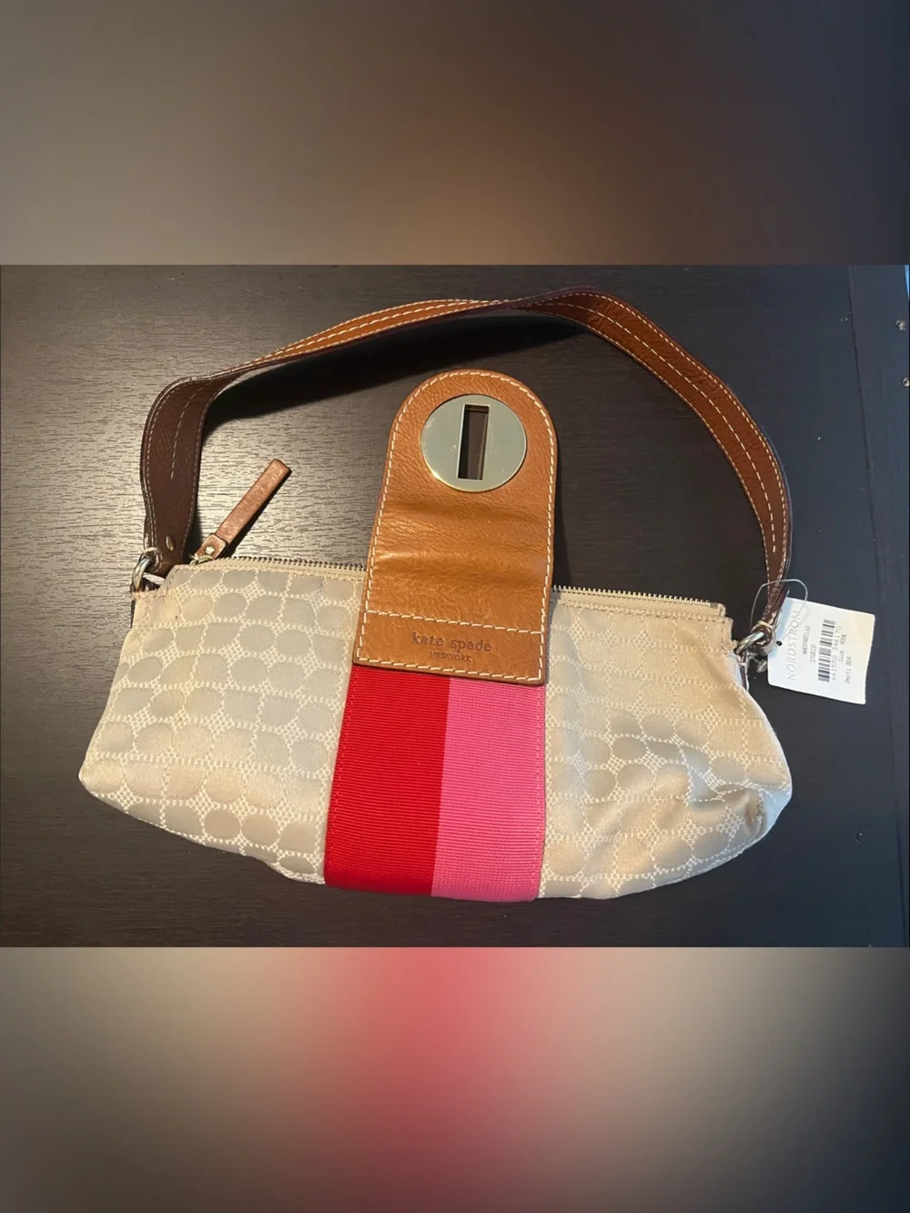 kate spade Cream Canvas Wristlet with Pink and Red Stripe & Tan Leather Trim NWT